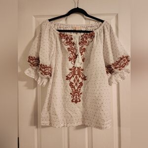 Solitaire White Peasant Blouse with Rust Embroidered Accents
